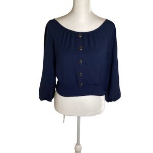 E&M Small Navy Blue 3/4 Sleeve Cropped Blouse with Faux Button Detail